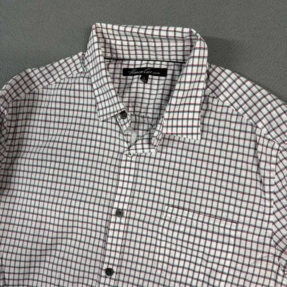 Kenneth Cole Shirt Mens Large White Check Long Sleeve Button Down Cotton Dress